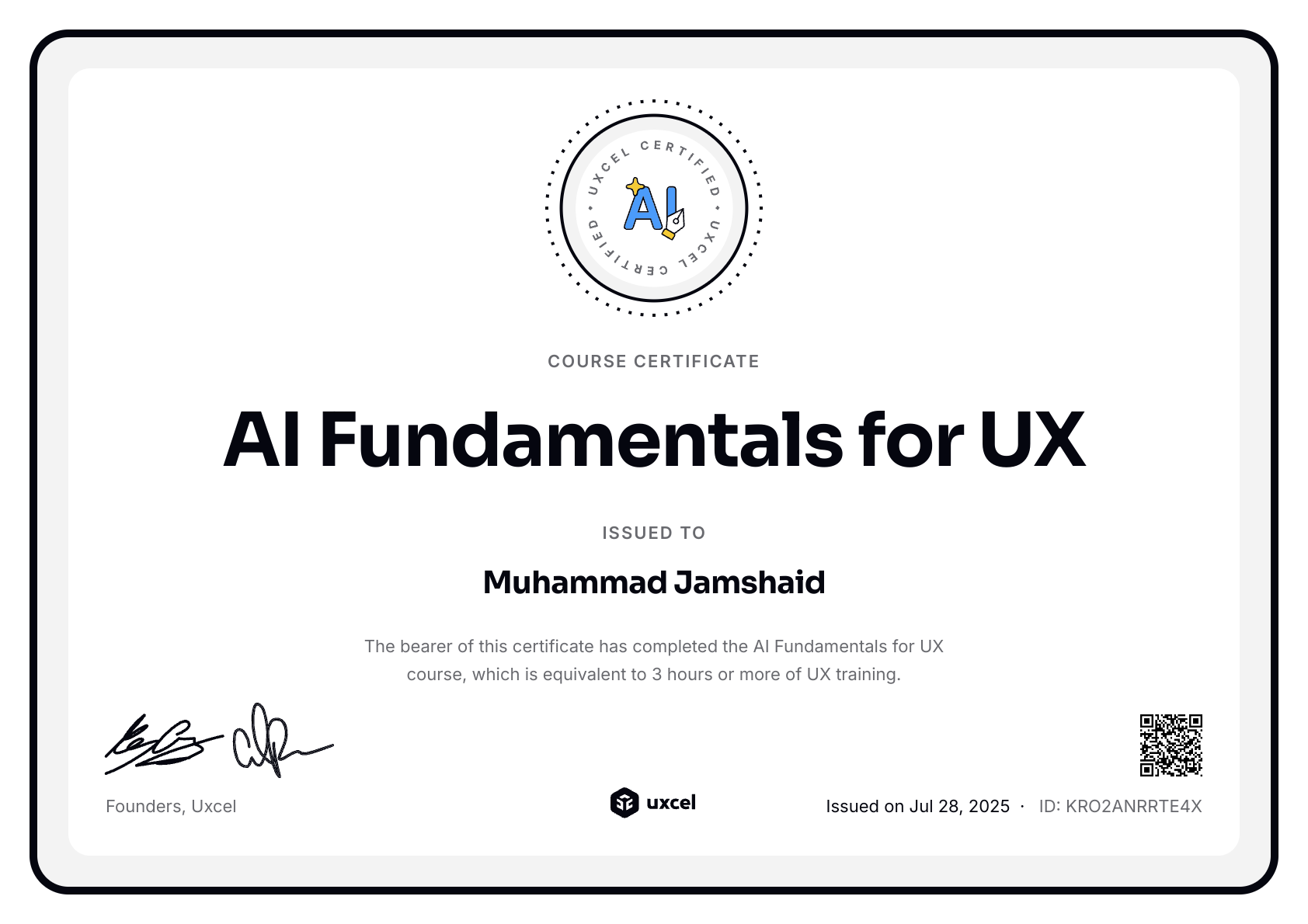 Muhammad Jamshaid's certificate